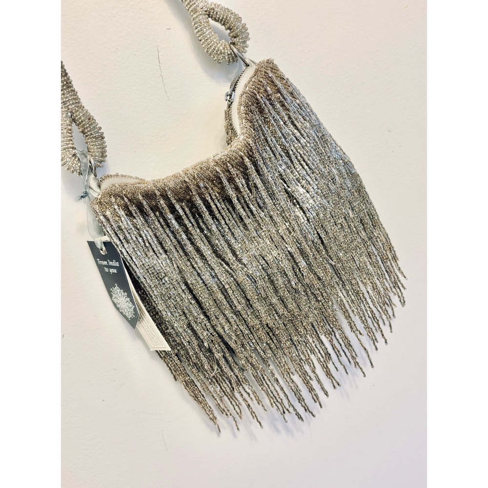 Bling Beaded Silver Fringe Hand Sewn Beading Evening Handbag, Top Zip NWT - Picture 3 of 10